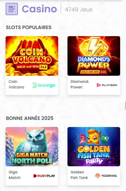 Interface utilisateur de l'application CASINO MADNIX